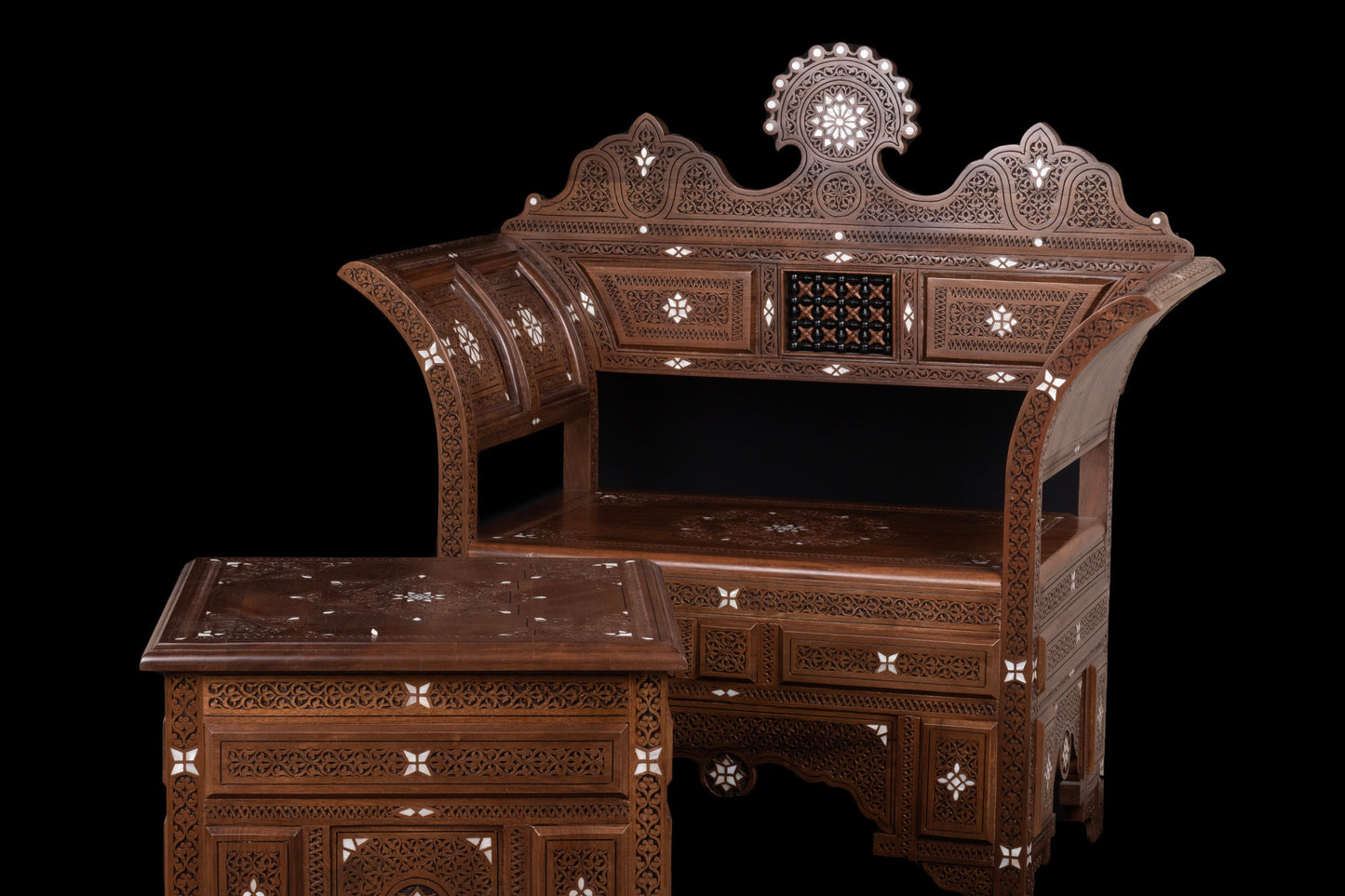 Hand Engraved Wooden chair, Inlayed with mother of pearl.
