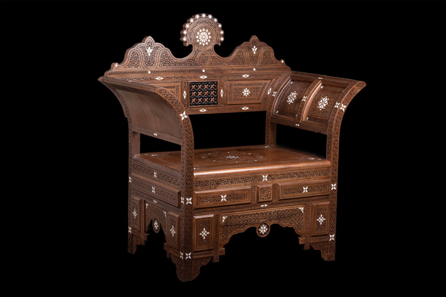 Hand Engraved Wooden chair, Inlayed with mother of pearl.
