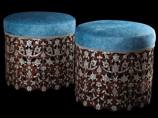 Blue Cushioned Seat Set - Inlayed with Mother of Pearl & Silver - Set of 2