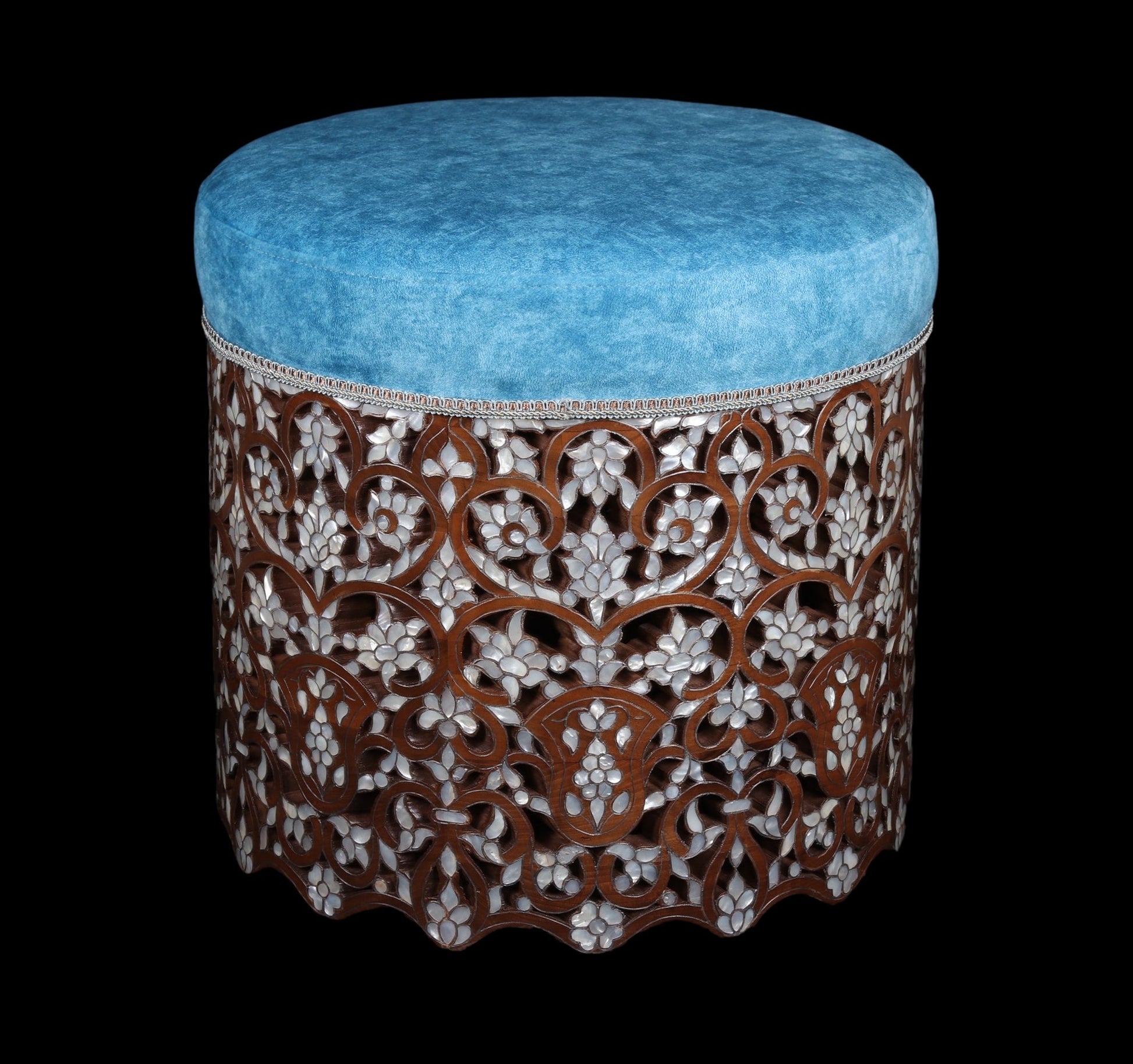 Blue Cushioned Seat Set - Inlayed with Mother of Pearl & Silver - Set of 2