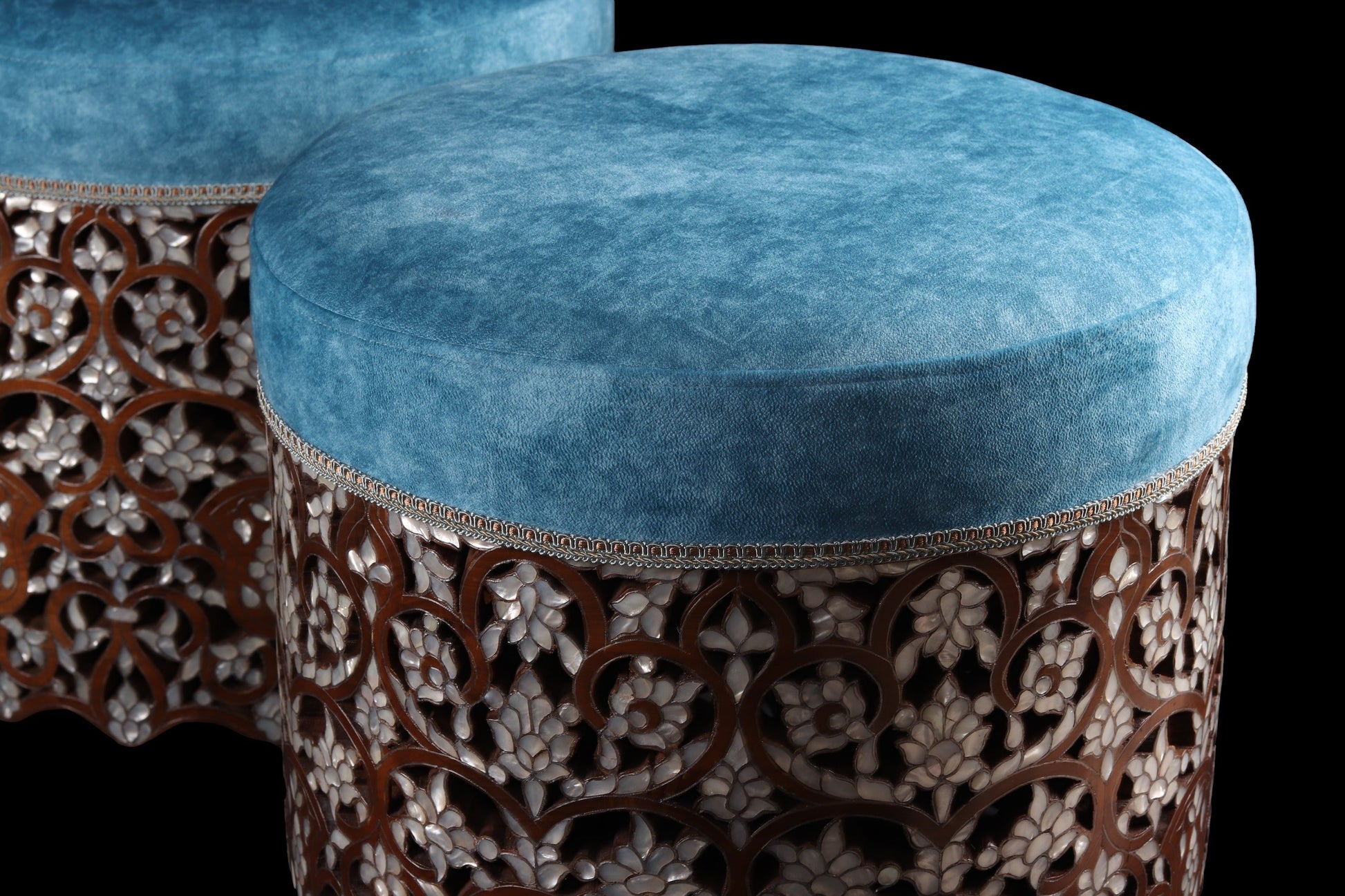 Blue Cushioned Seat Set - Inlayed with Mother of Pearl & Silver - Set of 2
