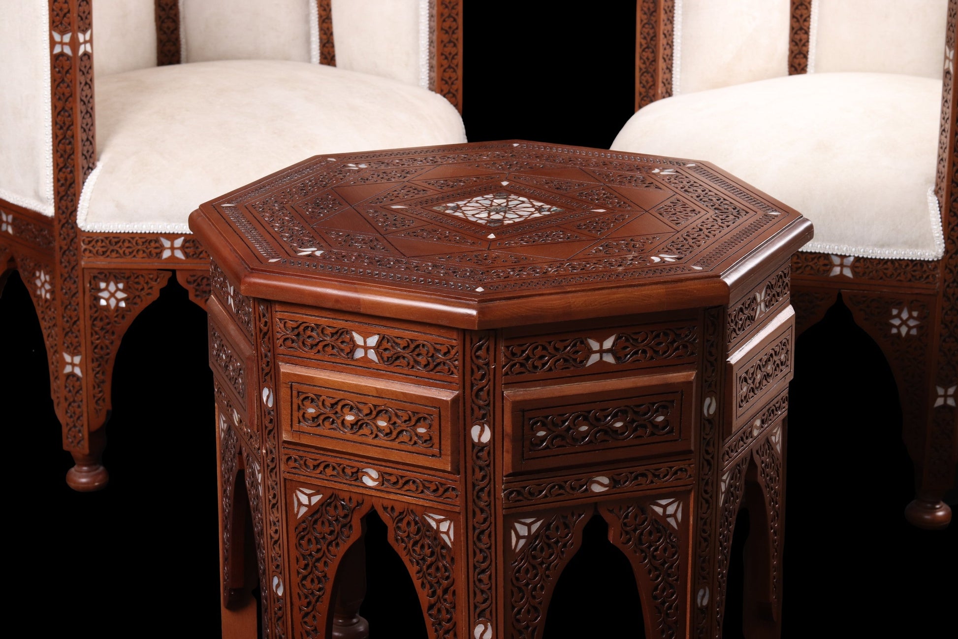 Chairs & Table Set - Carved and Inlayed