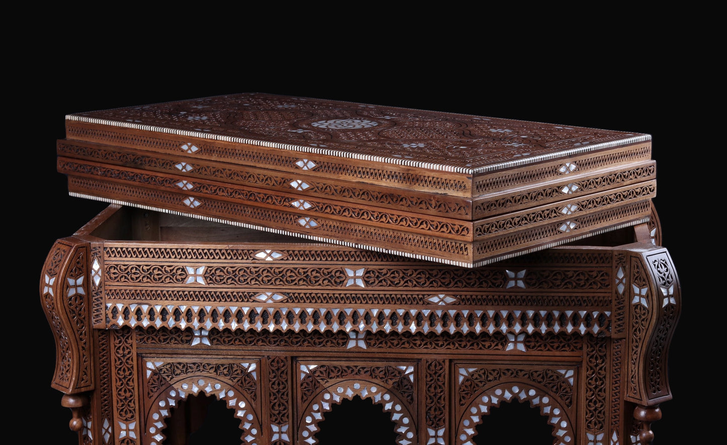 Game Table - Cards, Chess, & Backgammon - Hand Carved and inlayed in mother of pearl