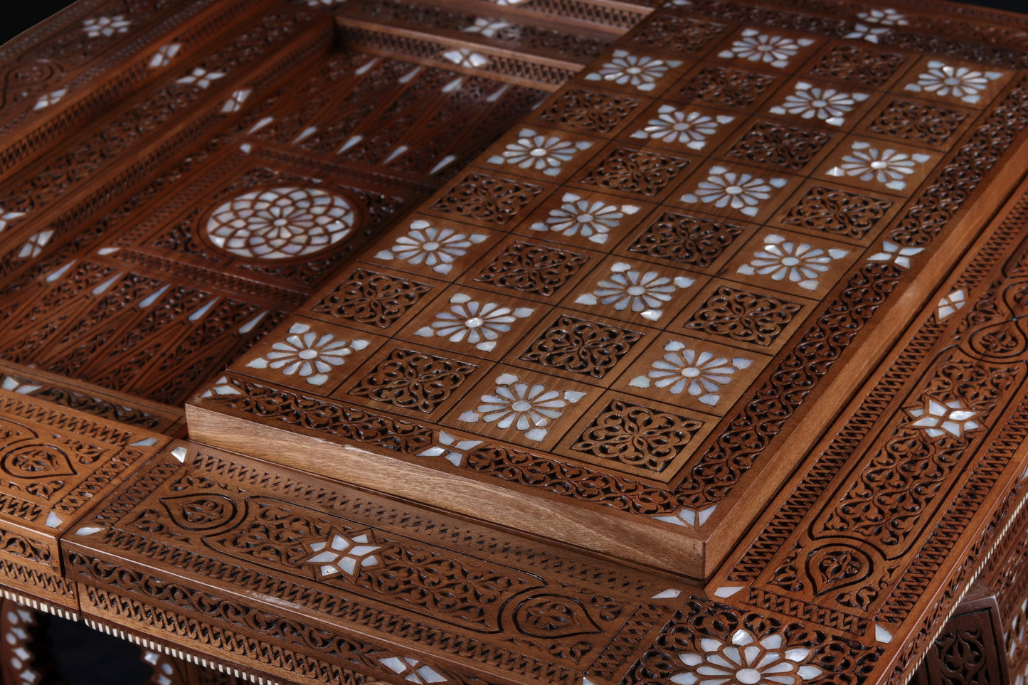 Game Table - Cards, Chess, & Backgammon - Hand Carved and inlayed in mother of pearl