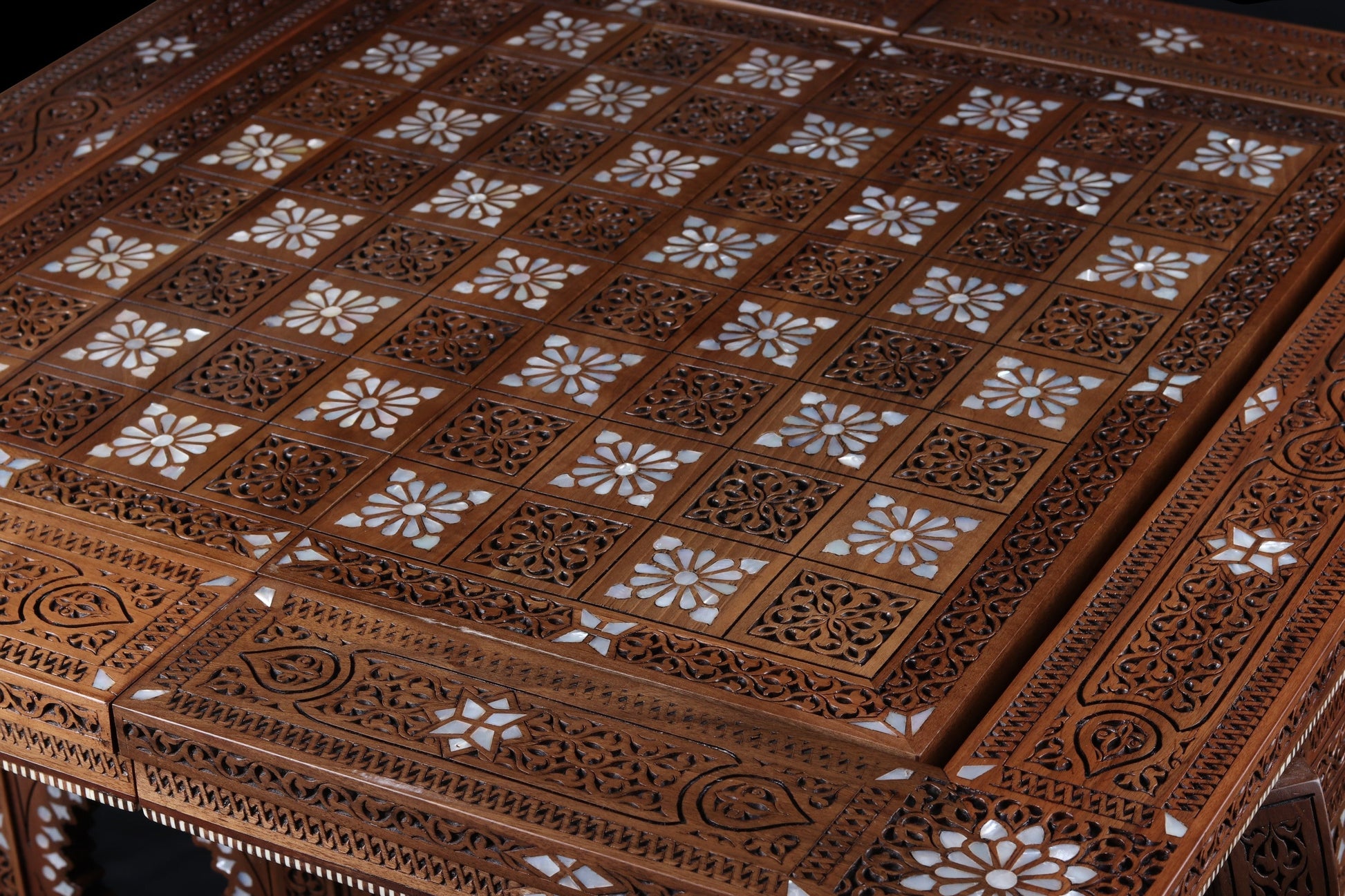Game Table - Cards, Chess, & Backgammon - Hand Carved and inlayed in mother of pearl